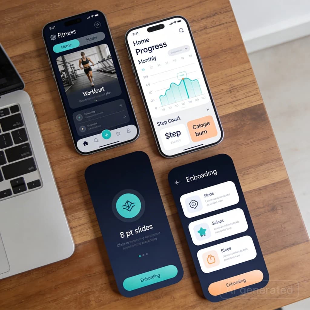 Sleek mobile fitness app screens on a desk: dark mode home, progress dashboard, simple onboarding, clear 8 pt grid, slightly oversized buttons for thumb reach, muted colors.