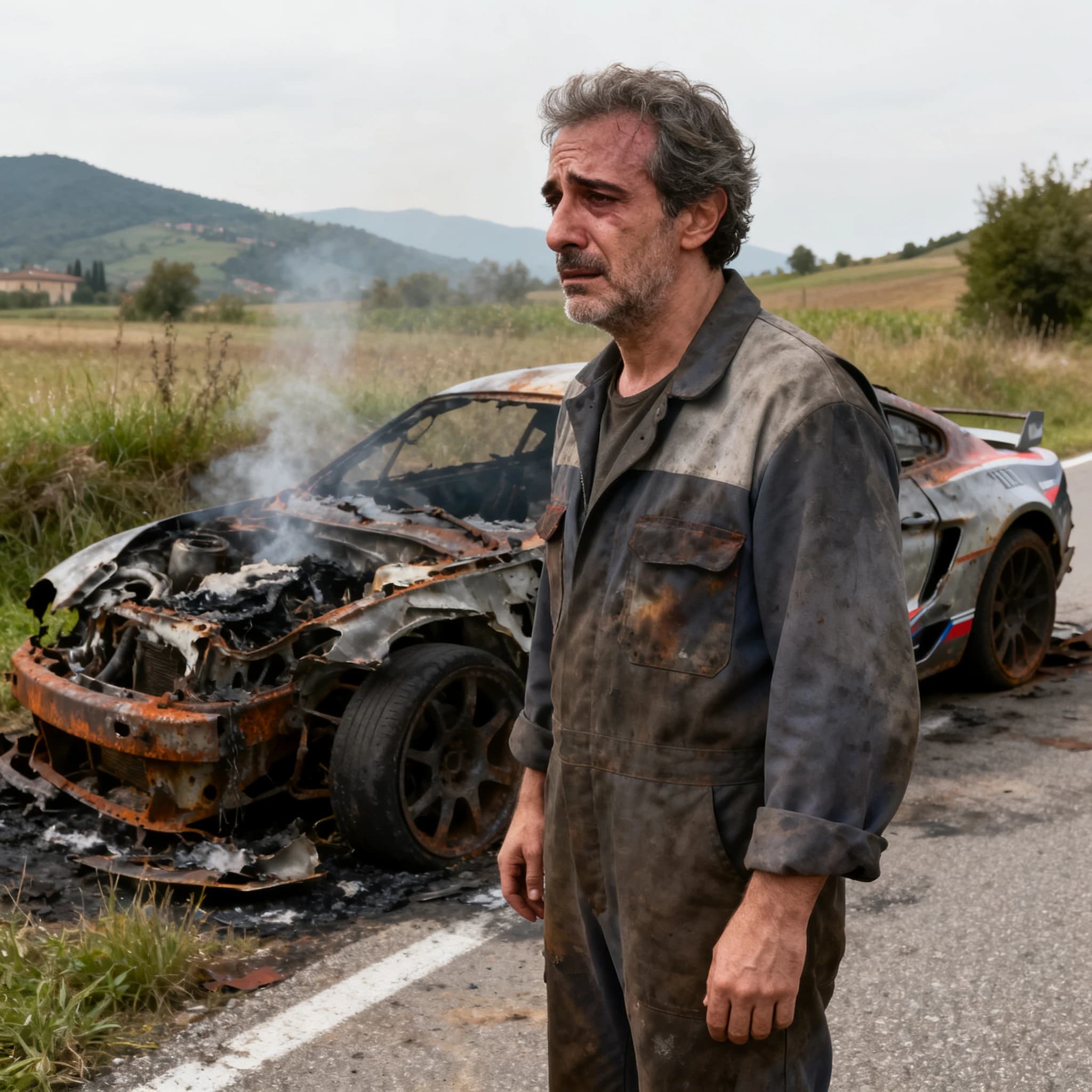 Mario examines the still smouldering wreck of the crash that took his best driver on the side of the country road. He designed this car and caused this. 3 days have passed since the crash. It's 1973 in Northern Italy.