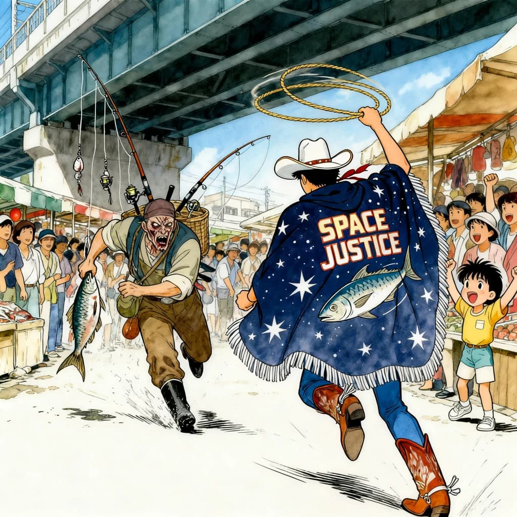 The space cowboy chases the deranged fisherman underneath the causeway, eager to collect on his bounty. Fishing rods and lines hang off the back off the fishermen as he darts between the bustling market crowd. We see the back of the space cowboy in his space poncho emblazoned with the words SPACE JUSTICE, spinning his lasso over his head. A child on the sidelines excitedly cheers the cowboy. 1990s hand drawn anime style with strong fluidity