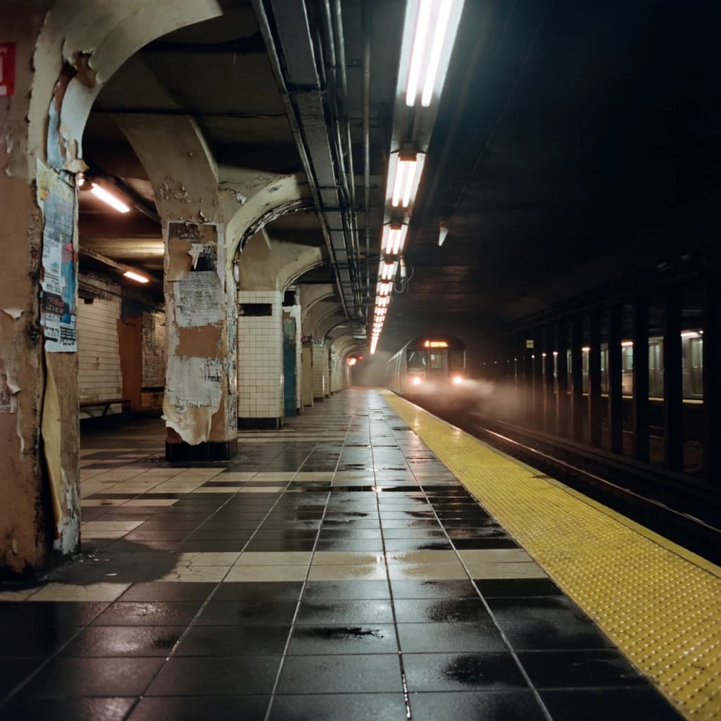 A subterranean subway platform with glossy tiles, peeling posters, flickering fluorescent lights, yellow safety line, and a distant train coming; slightly damp, echoes carry.