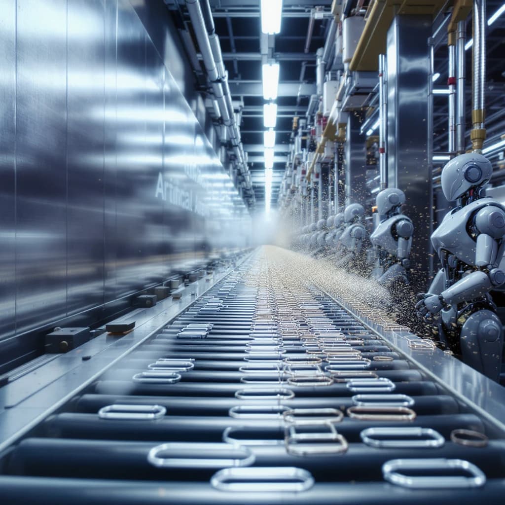 Close up point of view perspective on a conveyor belt pumping out paperclips at a maddening pace. The high tech factory has Artificial Analysis printed proudly on the wall. Robot staff look approvingly over the robust output.