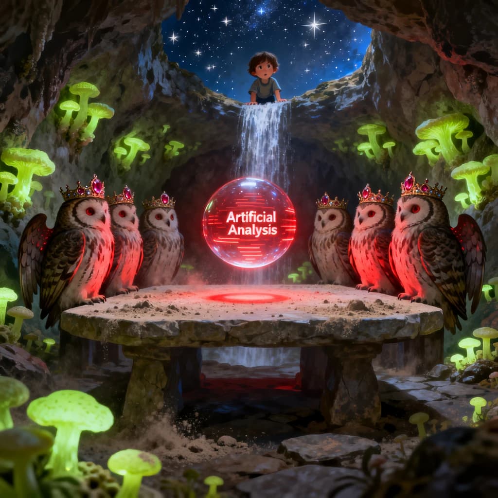 In a cavern lined with bioluminescent fungi glowing lime green, the council of owls wear jeweled crowns that glimmer with rubies, their wings folded behind their backs. Dust coats the stone table, a glowing orb inscribed with “Artificial Analysis” hovers above the table illuminating the owls with its red pulsating light. Behind them, a waterfall falls upward into a ceiling that opens onto stars - a child looks down in wonder from above at what he has stumbled across.