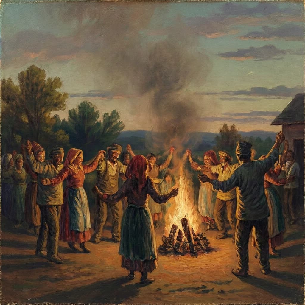 Make an oil painting of villagers dancing by a bonfire at dusk, a bit smoky.