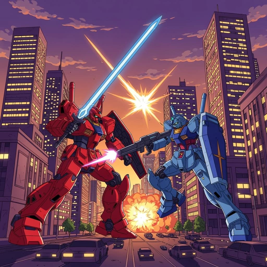 Make a cel-shaded mecha duel at dusk downtown.