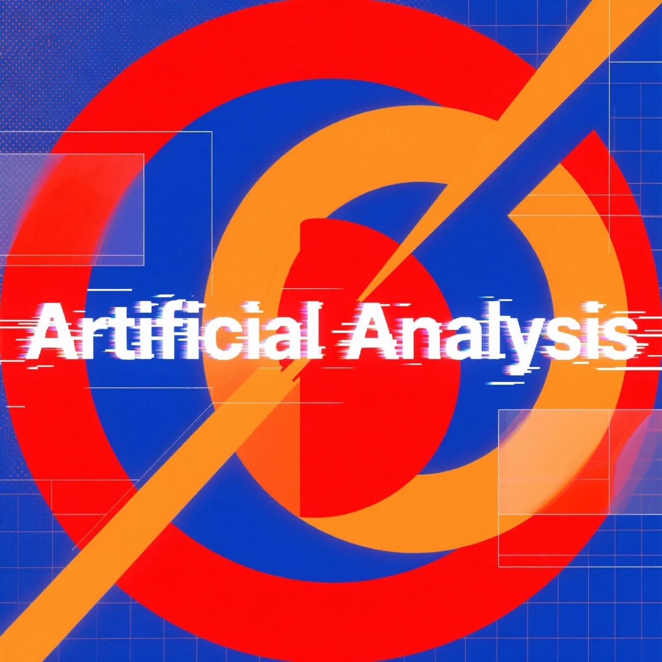 A bold poster composition dominated by flat geometric shapes in crimson, cobalt, and ochre. Overlapping circles and sharp diagonal lines create dynamic tension across the frame. A single sans-serif word — Artificial Analysis — stretches across the center in stark white, distorted slightly as though caught mid-glitch. The background is textured with halftone dots and faint grid lines, while subtle overlays of translucent rectangles suggest depth. Designed in the spirit of modernist Swiss typography fused with digital glitch aesthetics.