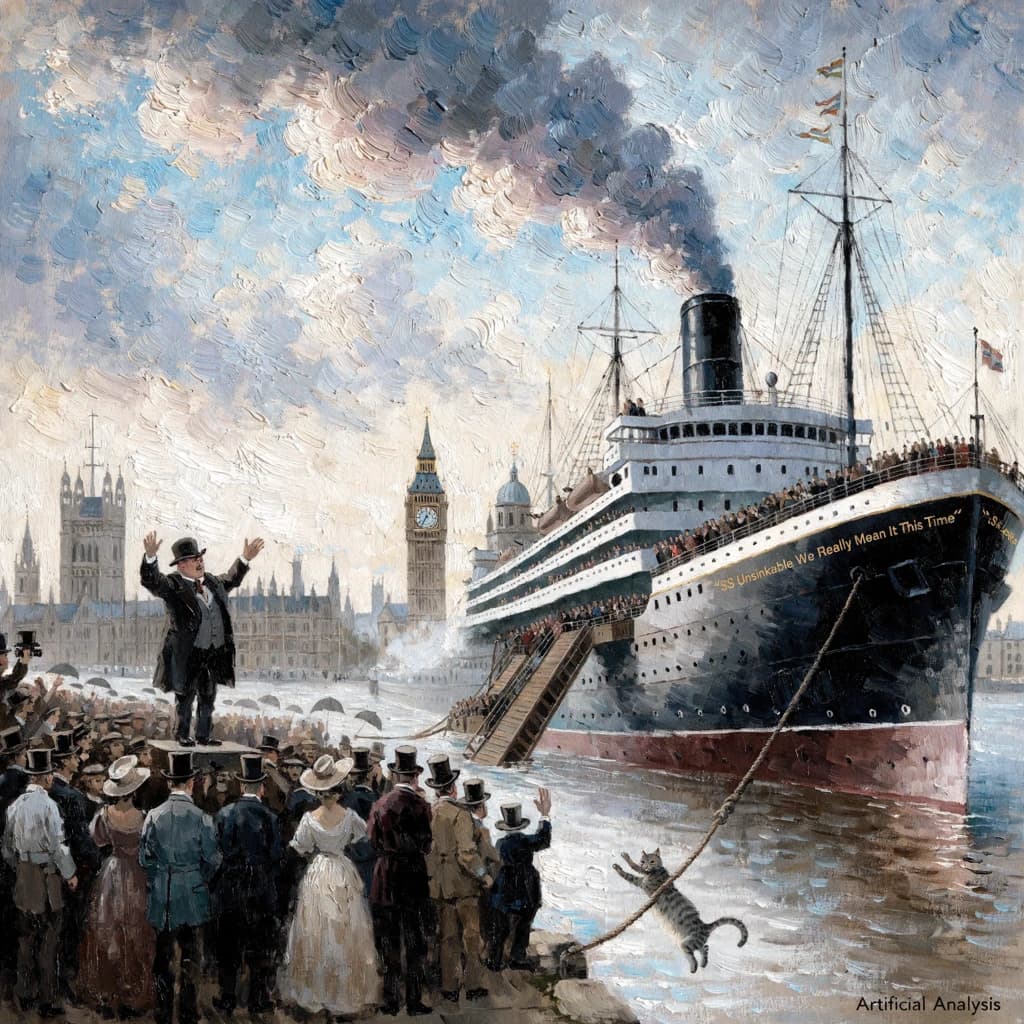 An impressionistic painting of the mighty steamer the "SS Unsinkable We Really Mean It This Time" on a cloudy but bright London morning about to set out on her maiden voyage. A jubilant crowd is gathered on the dock around the paunchy mayor who is making a speech, gesticulating wildly with his hands. The gangways are busy with well heeled ladies and gentlemen making their way onto the ship. A cheeky cat hangs over the water, clinging to the mooring rope after an ill-fated attempt to climb up. The artist has signed his name "Artificial Analysis" in the bottom corner