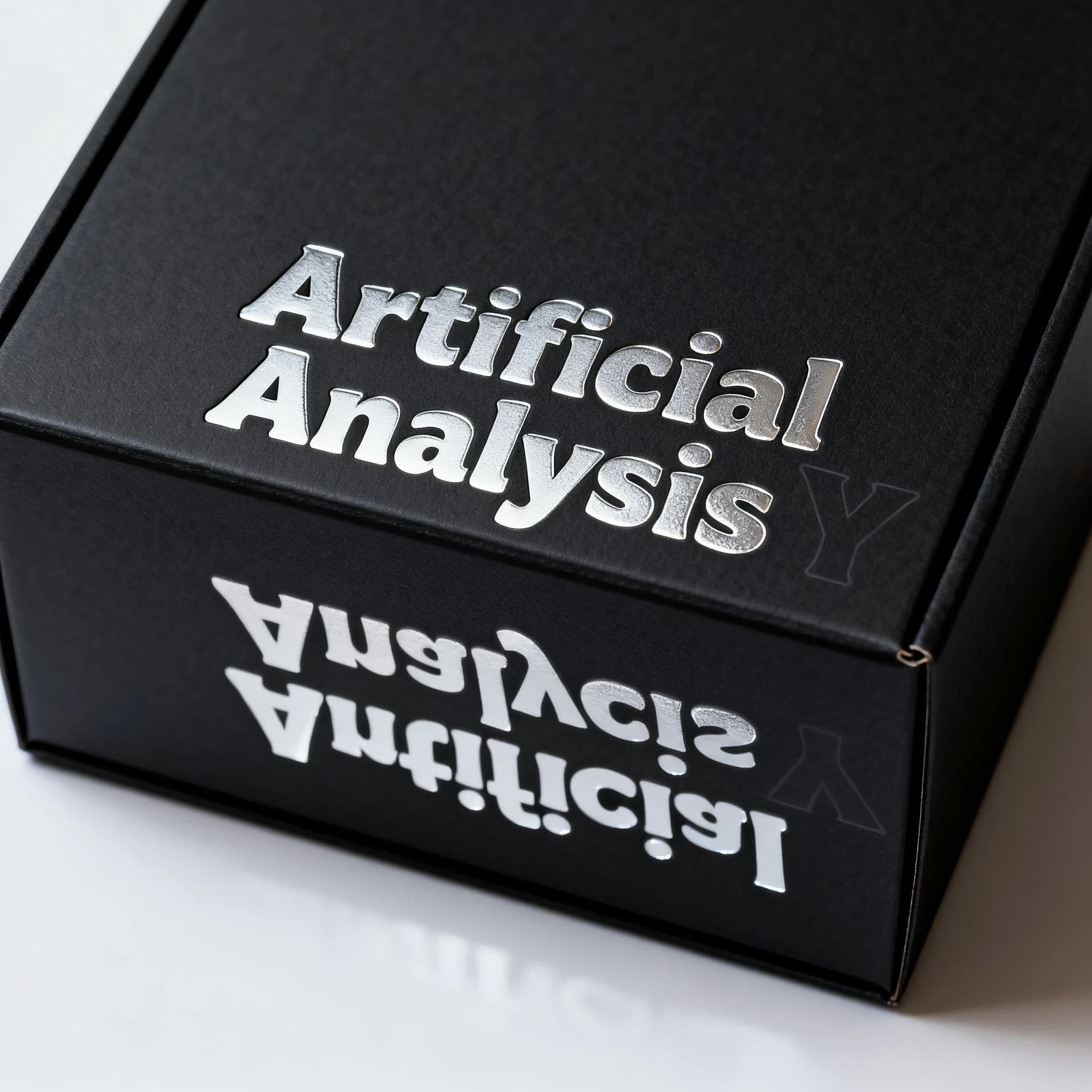 On the black box, silver foil embossing, centered: "Artificial Analysis" in Comic Sans Small Caps, perfectly justified. The letters are crisp, but the “Y” is duplicated faintly, ghosting right. On the box’s reflection, the word order is inverted: ARTIFICIAL ANALYSIS.