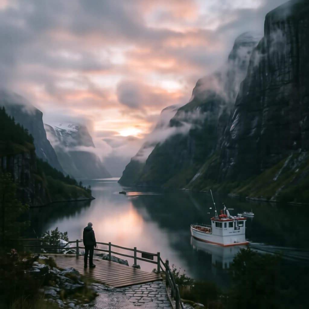 Frame a foggy fjord at sunrise, cliffs looming.
