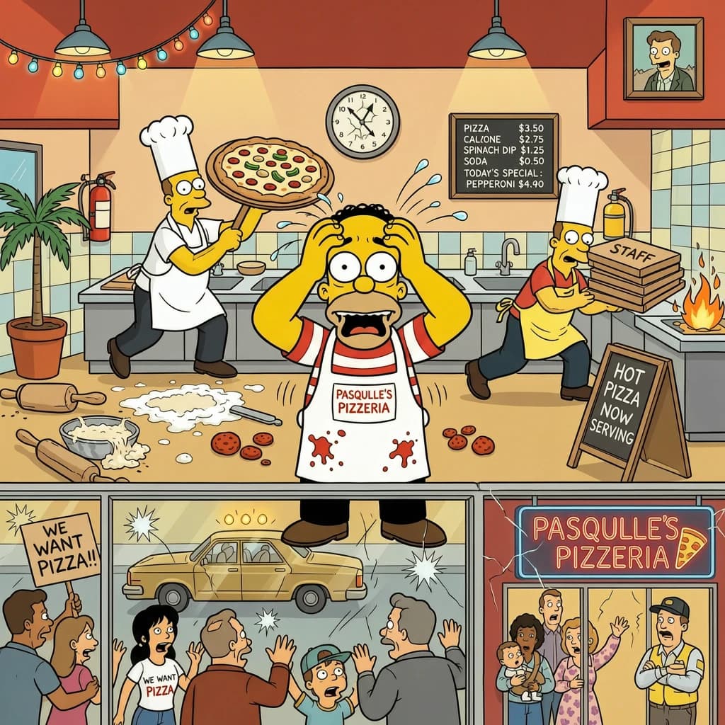Pasquale is pulling his few remaining hairs out over a disaster at the pizzeria - the cooks are working as fast as they can but the crowds outside are swelling and they demand hot hot pizza! They are banging on the glass and some are wearing "we want pizza" shirts. 1980s western TV animation style.