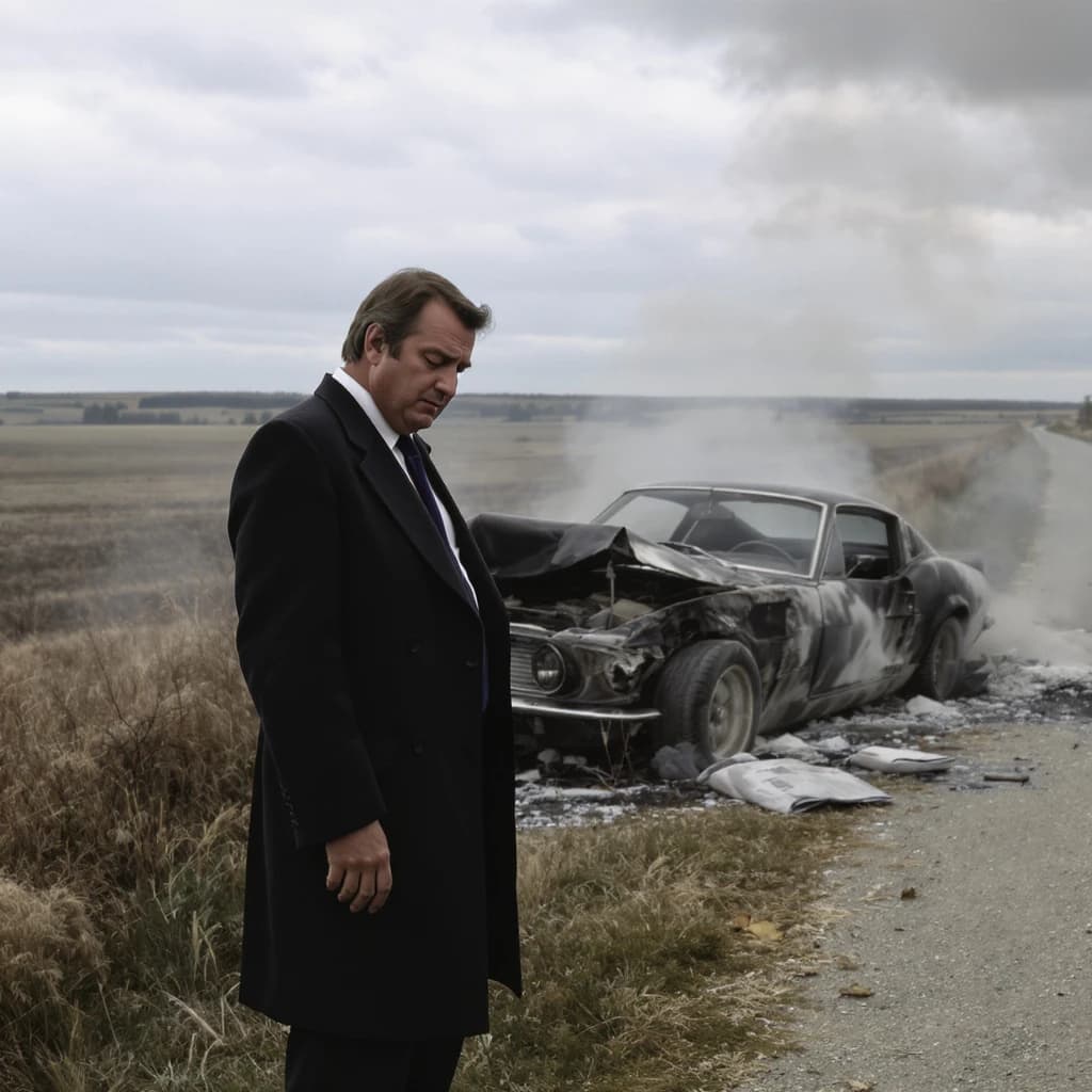 Mario examines the still smouldering wreck of the crash that took his best driver on the side of the country road. He designed this car and caused this. 3 days have passed since the crash. It's 1973 in Northern Italy.