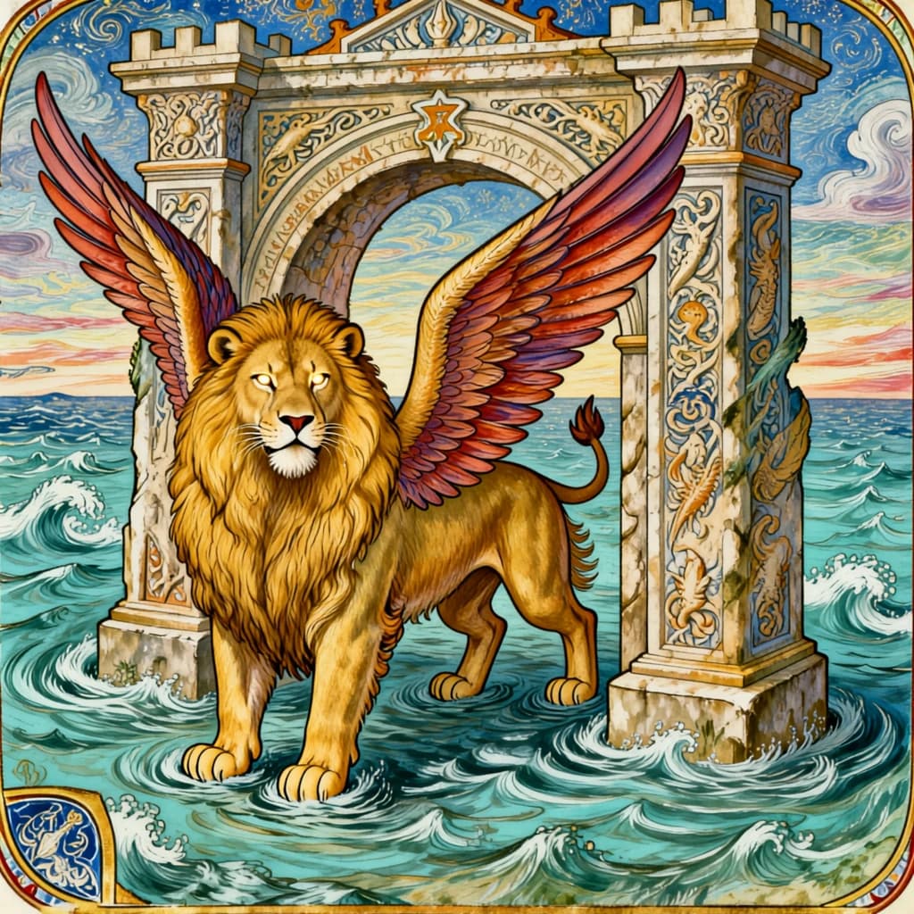 Paint an illuminated manuscript scene of a winged lion guarding a sea gate.