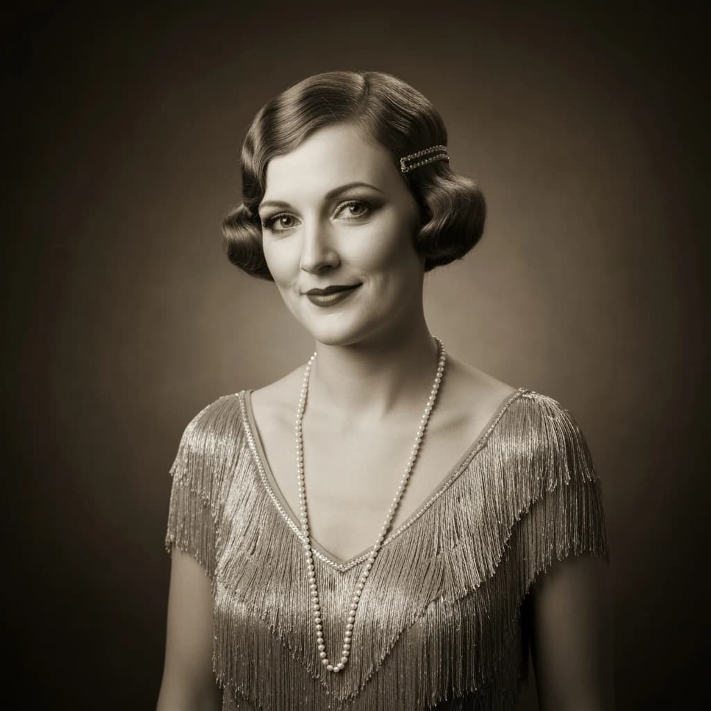 Sepia-toned studio portrait of a flapper with pearl necklace, soft grain.