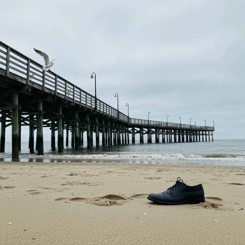 The beach is flat, sand beige, granular, no shells, except for a single left shoe, black leather, size eleven, half buried at an angle. The pier extends straight into the water, wood untreated, grain visible, though the support posts vanish before they touch the surface. The sky is uniformly gray, no clouds, yet shadows stretch at sharp diagonals. A single gull sits on the railing, wings outstretched, frozen mid-flap, no movement.