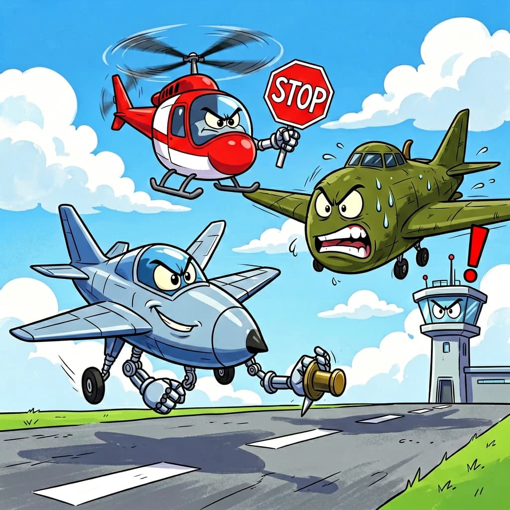 Almost at the runway, Fred the Fighter Jet is racing with Barry the Bomber to see who lands first. Fred has a mischievous trick up his sleeve but Hermione the Helicopter is going to stop him before he gets the chance. The control tower is very angry and has a big exclamation mark. Hand drawn cel look