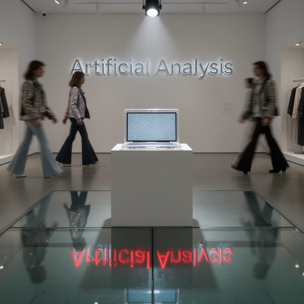 In a spotless gallery space, a pedestal supports a transparent laptop whose screen flickers between static and pristine brand imagery. Shoppers blur past in designer clothes that appear slightly outdated - bell bottoms, metallic jackets. The embossed logo “Artificial Analysis” glints silver, yet its reflection in the glass floor reads in crimson letters. A single spotlight shines, though shadows fall in two directions.