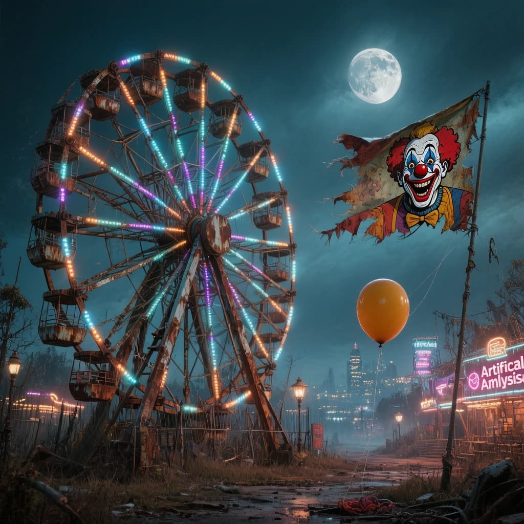 A deserted amusement park glows faintly under a half-moon. The ferris wheel is rusting yet strung with fresh, blinking LED lights. A torn clown banner flaps in a windless air. A lone balloon floats upward, tethered to nothing, while in the far distance city lights flicker on - some neon, some gas lamps as though from another century. 'Artificial Analysis' glows in neon