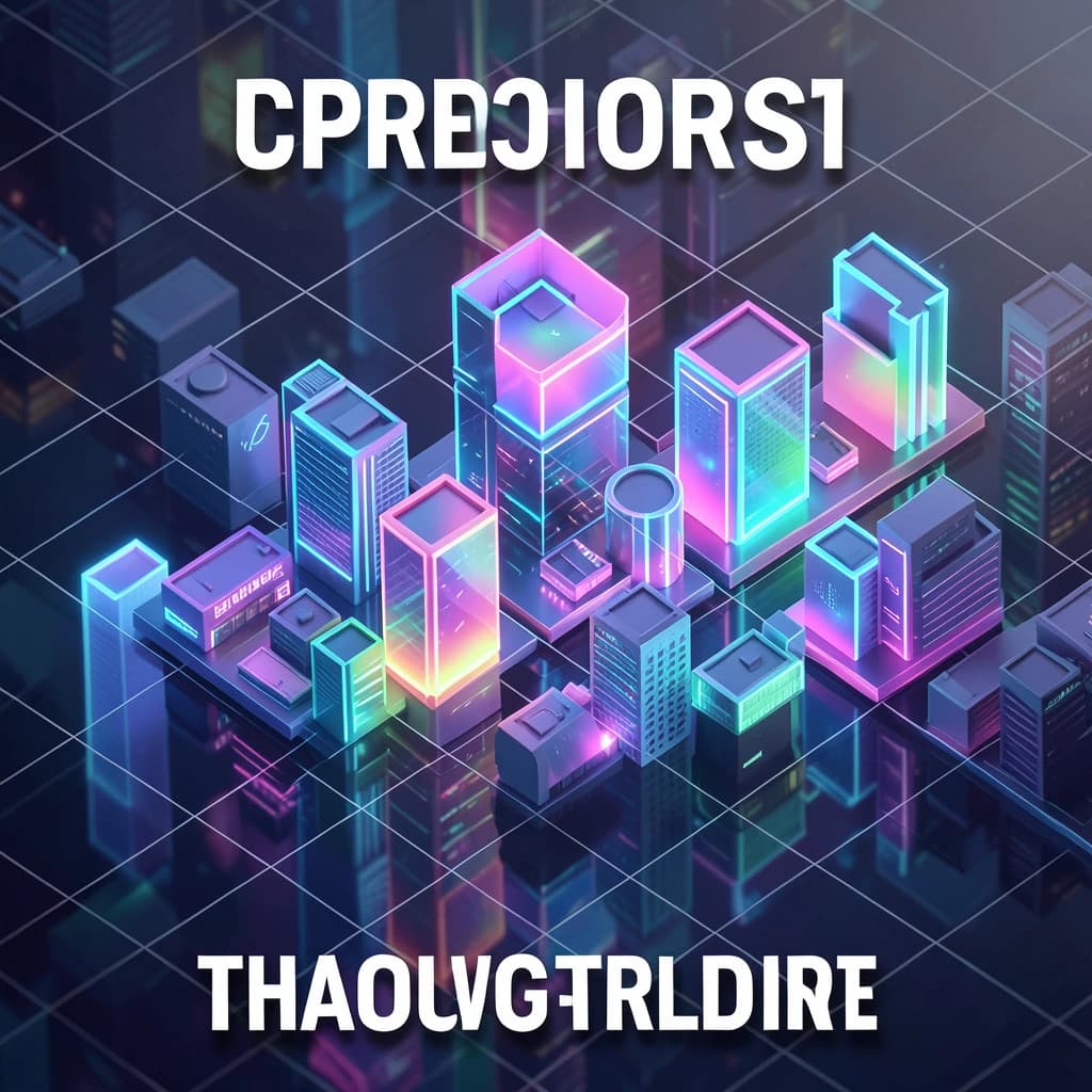 Render an isometric city poster with geometric buildings, neon gradients, gloss highlights, soft AO shadows, clean sans-serif lettering, grid layout, reflections a bit overexposed.