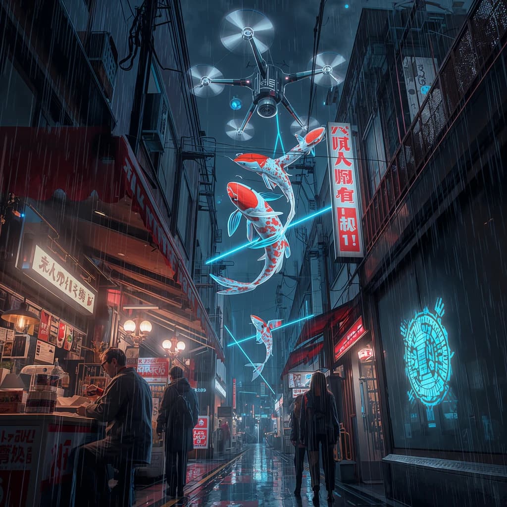 A neon alley in Neo-Tokyo 2142 drips with rain Cybernetic patrons slurp ramen at a stall with their glowing implants humming with blue light. Three giant holographic koi hover 10 metres above the ground and swim across the skyline, one has clipped into a building. A six-prop drone hovers nearby, projecting "Artificial Analysis" onto a wall with blue laser beams visible