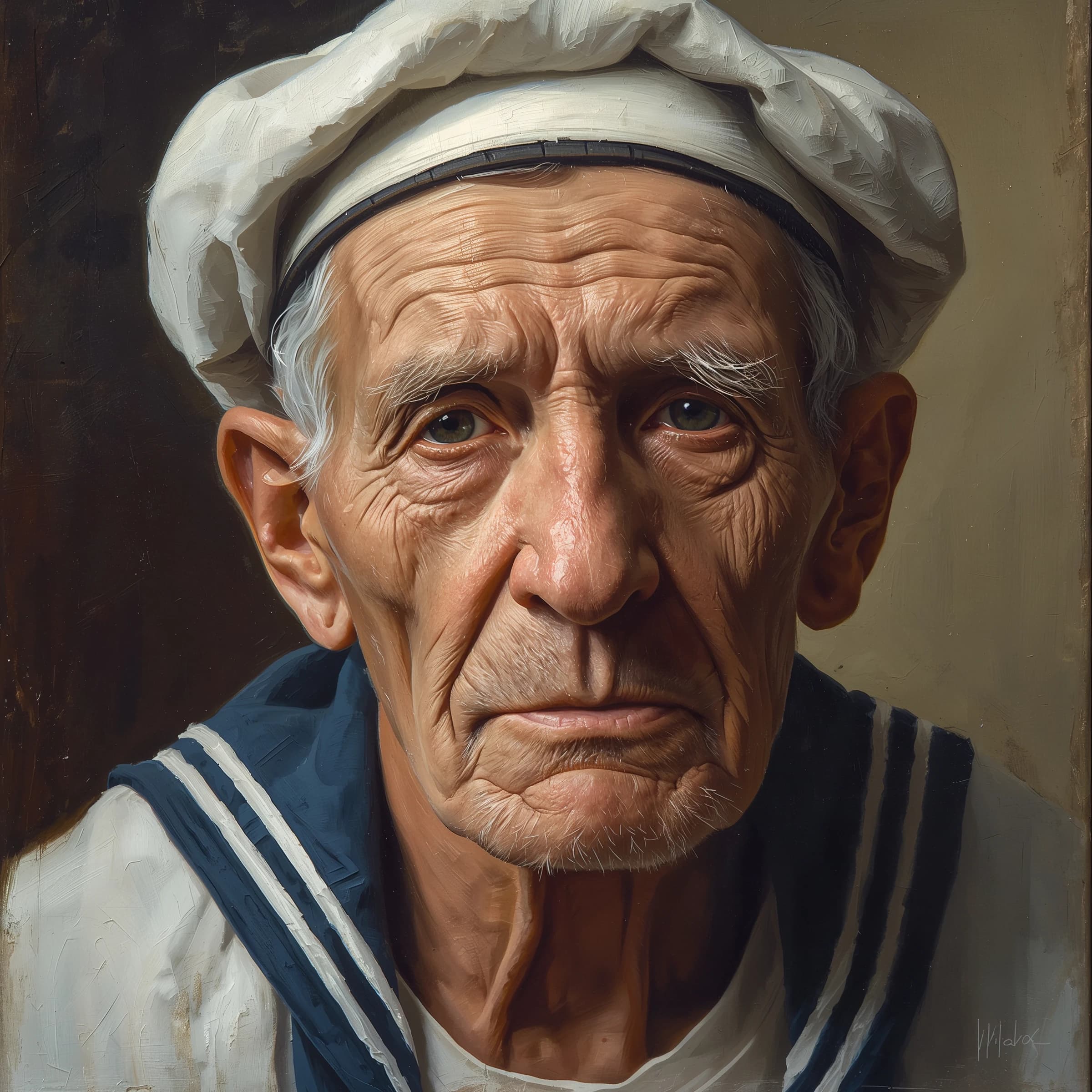 Oil on canvas portrait of an elderly sailor, weathered face, soft light.
