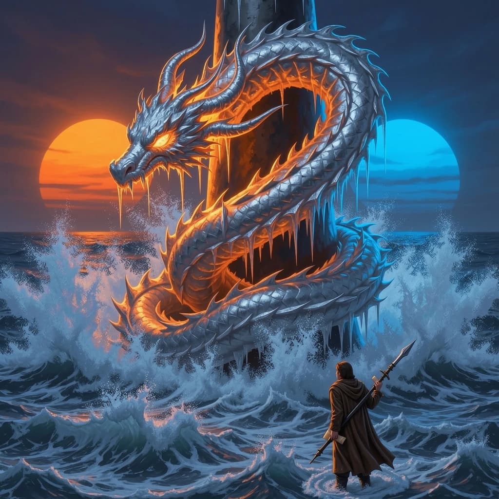 A dragon of molten silver coils around a lighthouse. The storming sea below crashes upward in frozen stillness, as though caught mid-motion. The dragon’s molten eyes drip tears of ice. On the horizon, two suns set next to each other, casting orange light on one side of the tower and blue on the other. A cloaked traveler carries an ancient weapon in his left hand and a scroll in his right.
