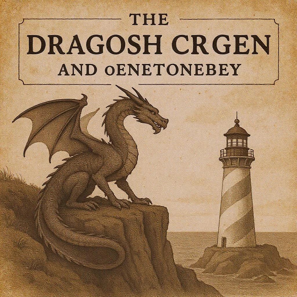 Let's do a sepia pulp cover where a dragon coils around a cliffside lighthouse.