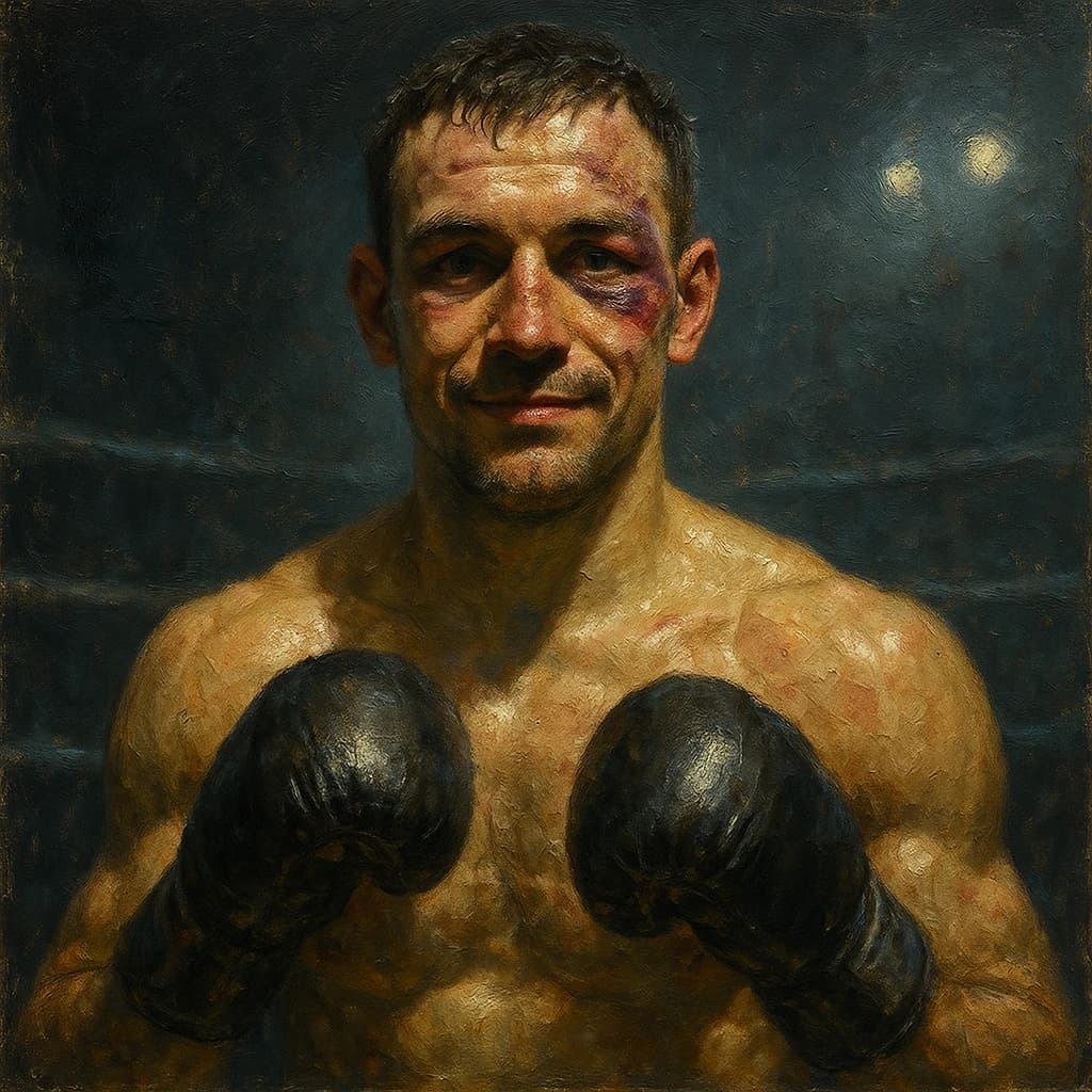 Paint a bruised boxer smiling, serious expression.