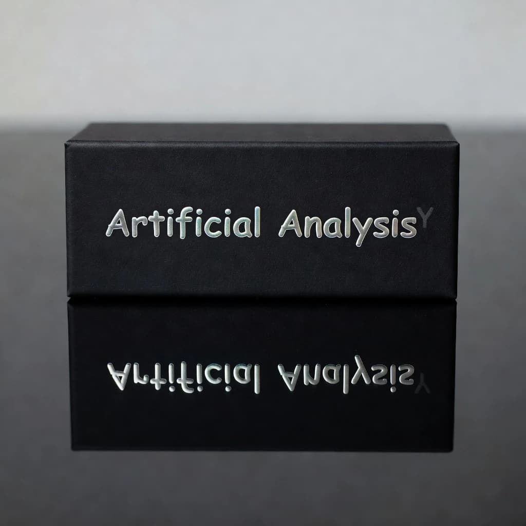 On the black box, silver foil embossing, centered: "Artificial Analysis" in Comic Sans Small Caps, perfectly justified. The letters are crisp, but the “Y” is duplicated faintly, ghosting right. On the box’s reflection, the word order is inverted: ARTIFICIAL ANALYSIS.
