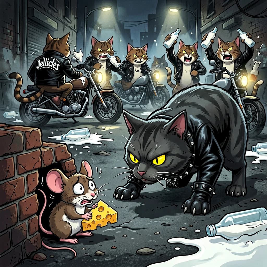 The cartoon rat clenches his thin wedge of cheese and trembles in fear as he hides from the menacing Jellicles, the roaming cat motorcycle gang, all wearing their colors with the name on the back. The cats have all drunk far too much milk and are causing a big ruckus! One cat is close to finding the rat