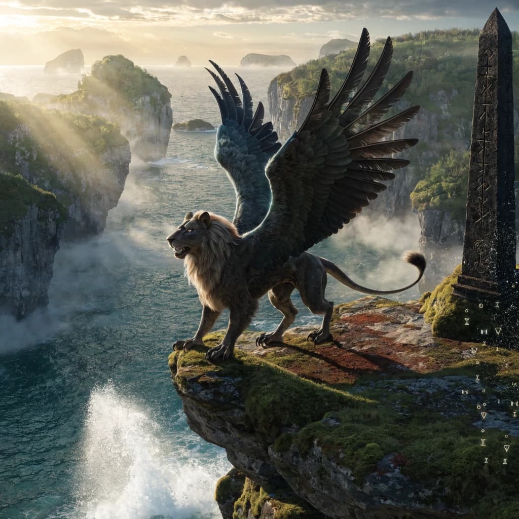 At dawn, a winged griffin lands on a mossy cliff above a jade sea beside a runed obelisk; floating isles drift under golden sunbeams, with a bit of sea spray and glowing runes.