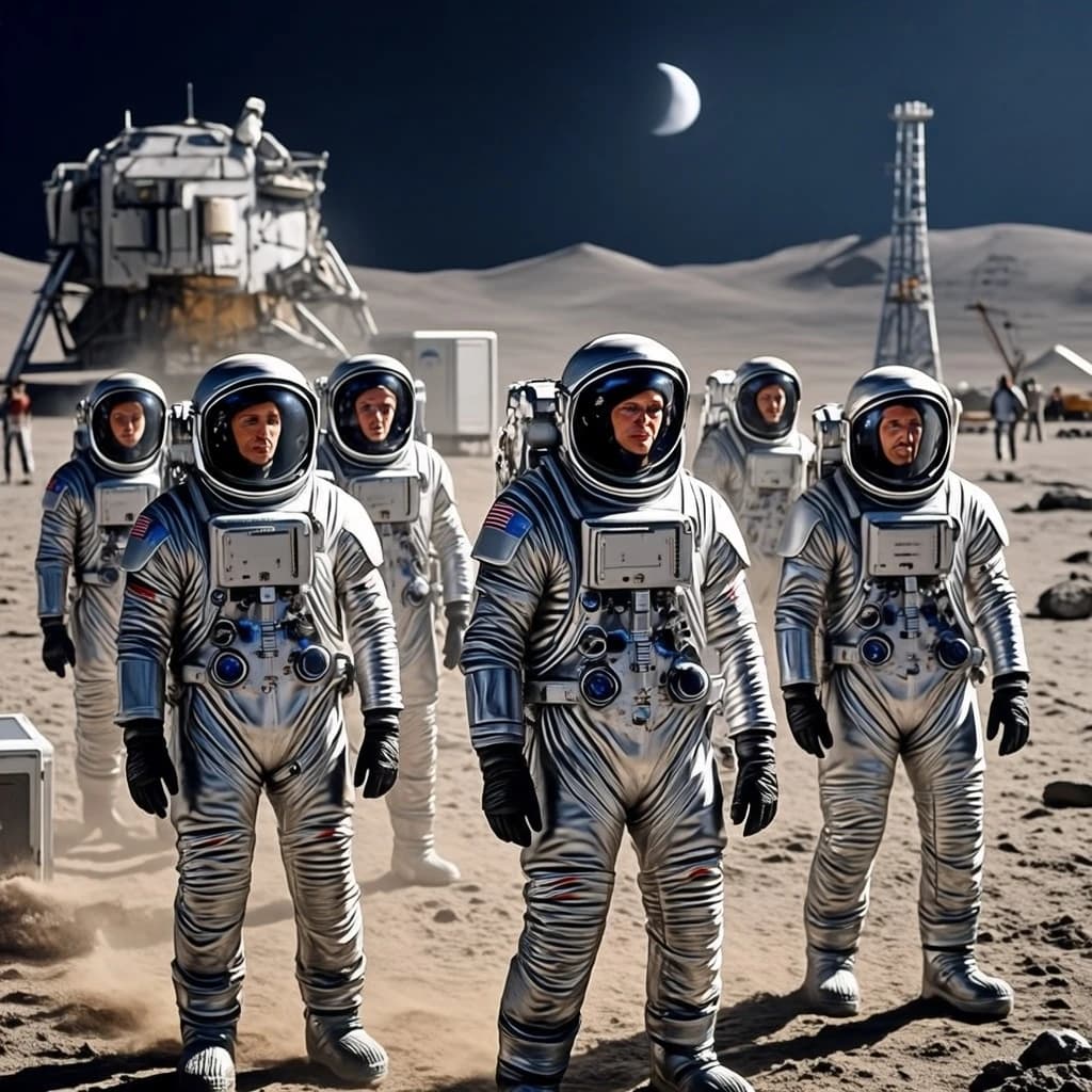 Silver exosuits queue at a dusty lunar checkpoint.