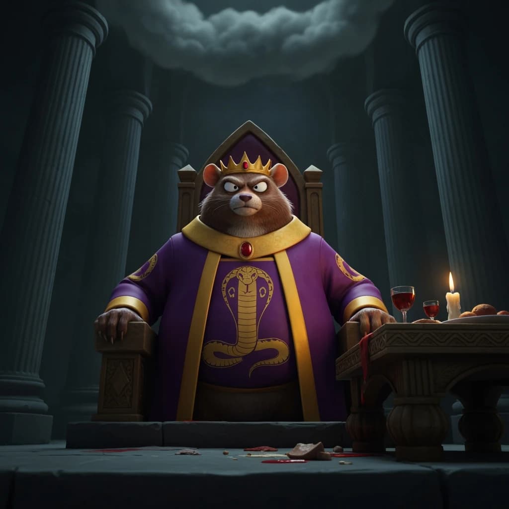 Big Weasel, the tyrannical ruler of the Levitus, slouches on his throne, his mood foul but somewhat brightened by the sight of gifts - a wearisome group of lizard traders adorned in fine silks proceed toward him through the hall with their annual tribute of biscuits, ham and gold - Big Weasel's favourites. Big Weasel's entourage looks on with stern approval.