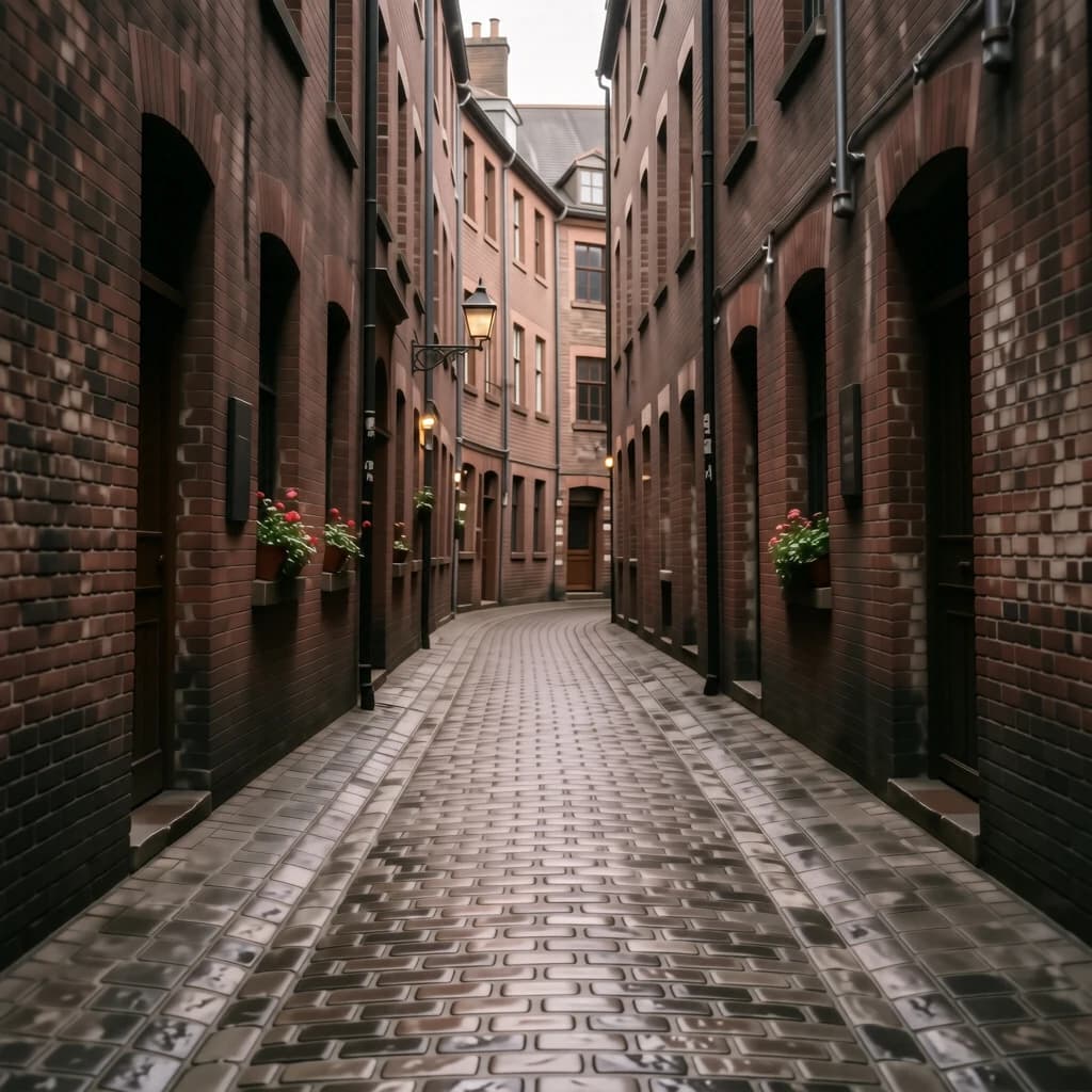 Show a narrow brick alley with wet cobblestones.