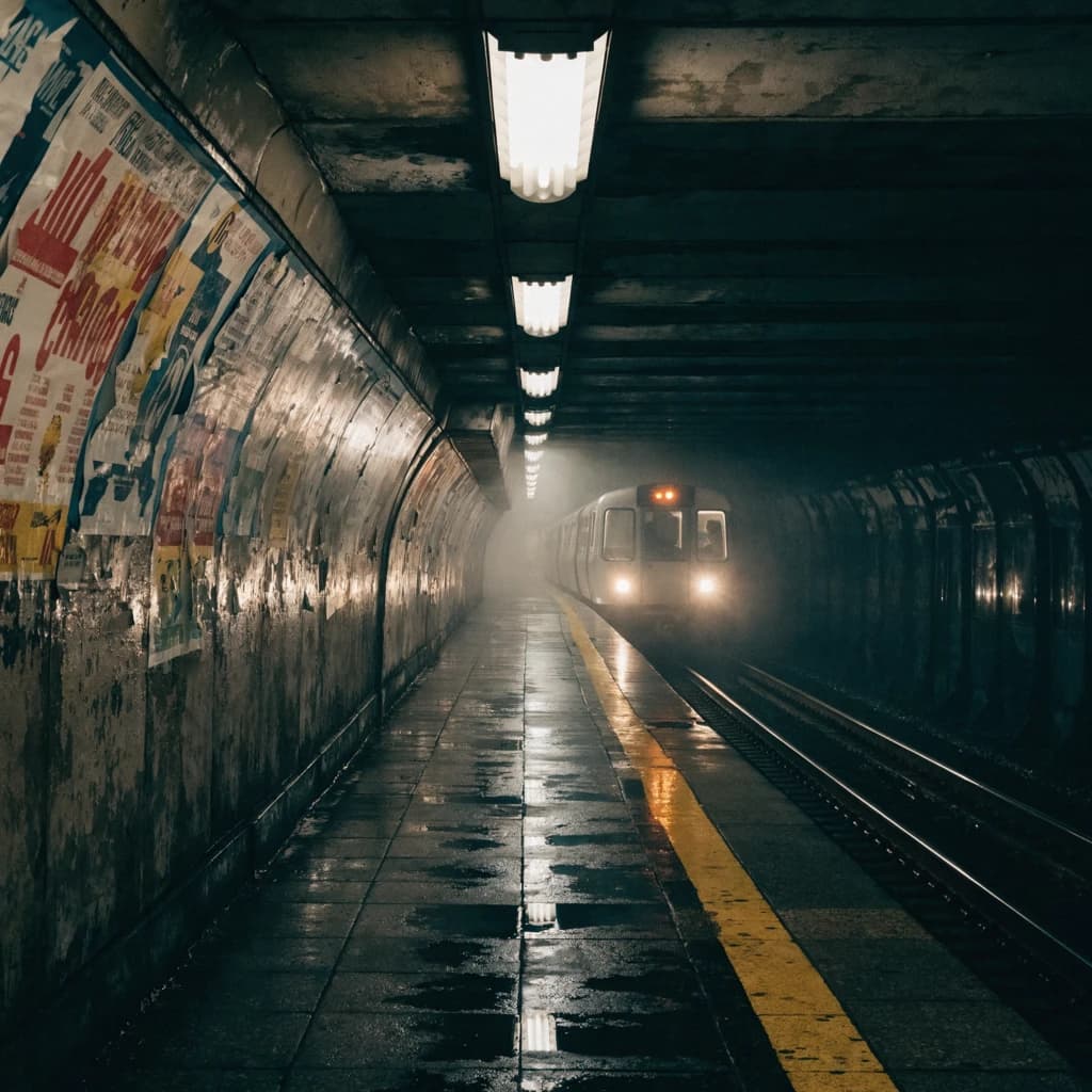 A subterranean subway platform with glossy tiles, peeling posters, flickering fluorescent lights, yellow safety line, and a distant train coming; slightly damp, echoes carry.