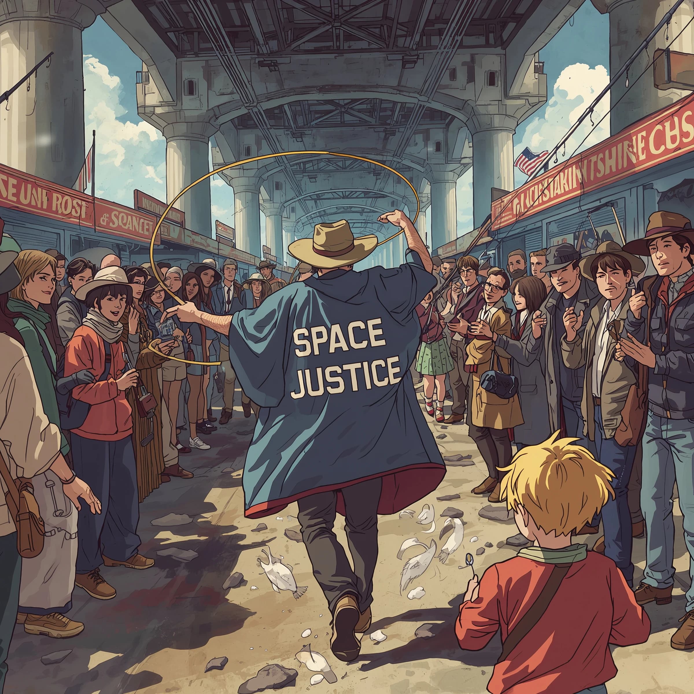 The space cowboy chases the deranged fisherman underneath the causeway, eager to collect on his bounty. Fishing rods and lines hang off the back off the fishermen as he darts between the bustling market crowd. We see the back of the space cowboy in his space poncho emblazoned with the words SPACE JUSTICE, spinning his lasso over his head. A child on the sidelines excitedly cheers the cowboy. 1990s hand drawn anime style with strong fluidity