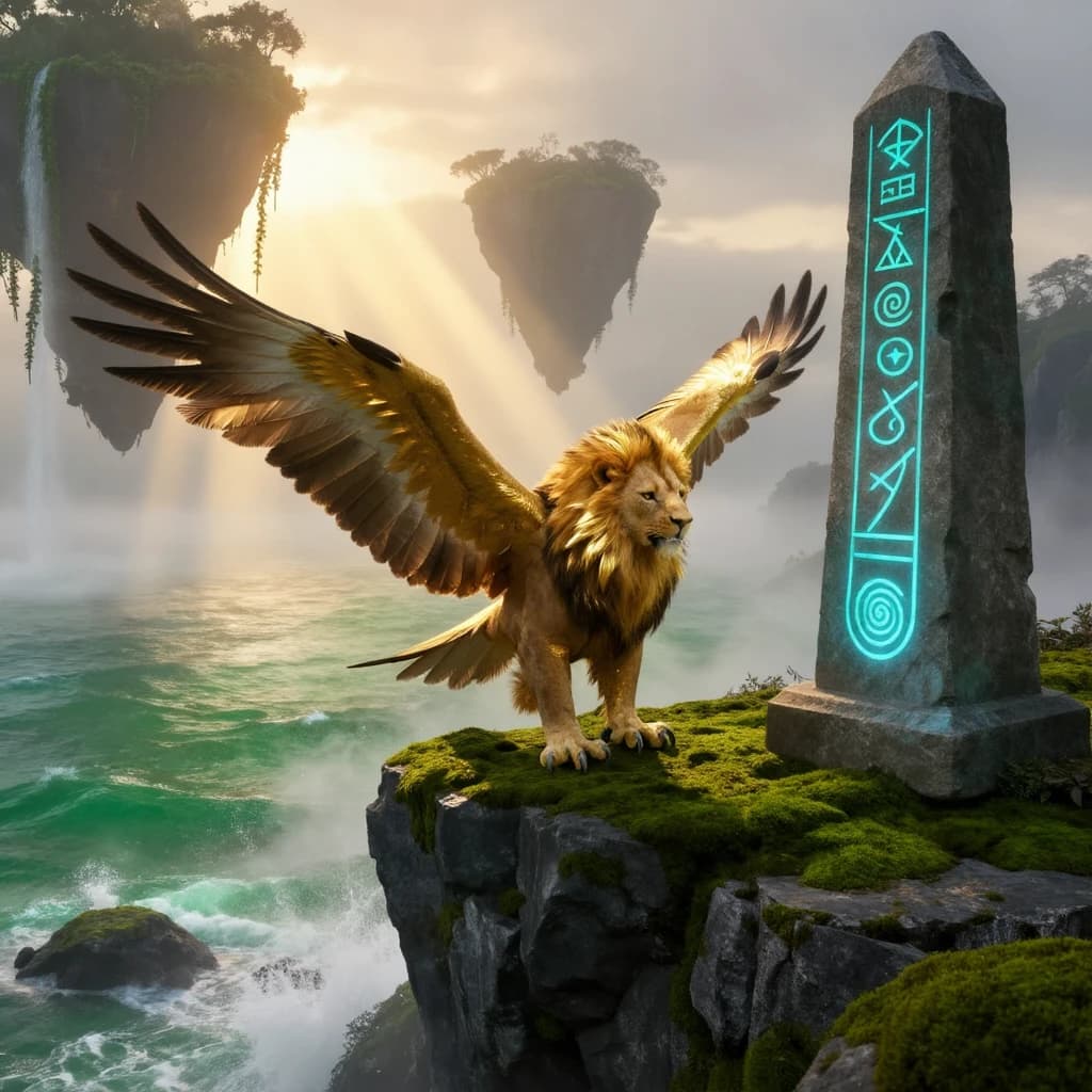 At dawn, a winged griffin lands on a mossy cliff above a jade sea beside a runed obelisk; floating isles drift under golden sunbeams, with a bit of sea spray and glowing runes.