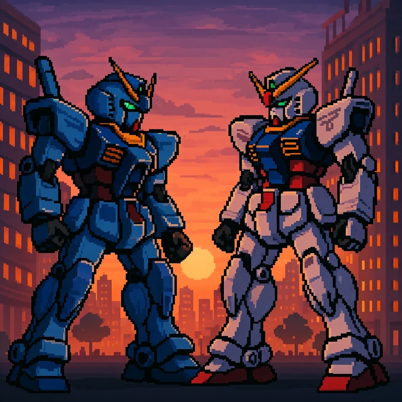 Make a cel-shaded mecha duel at dusk downtown.
