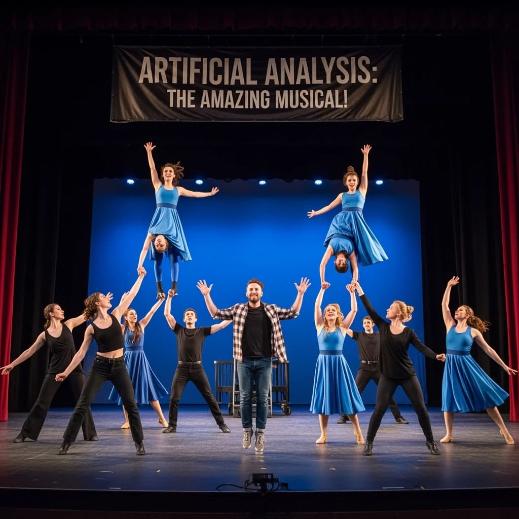 The musical troupe do a rehearsal in a large, empty theatre. 9 people are on the stage, half wear black and the others wear blue. The skinny bald director, seated in the second row, is practically leaping out of their seat with excitement as the leads nail their aerial. A giant banner reading "Artificial Analysis: The Amazing Musical!" is behind the actors.