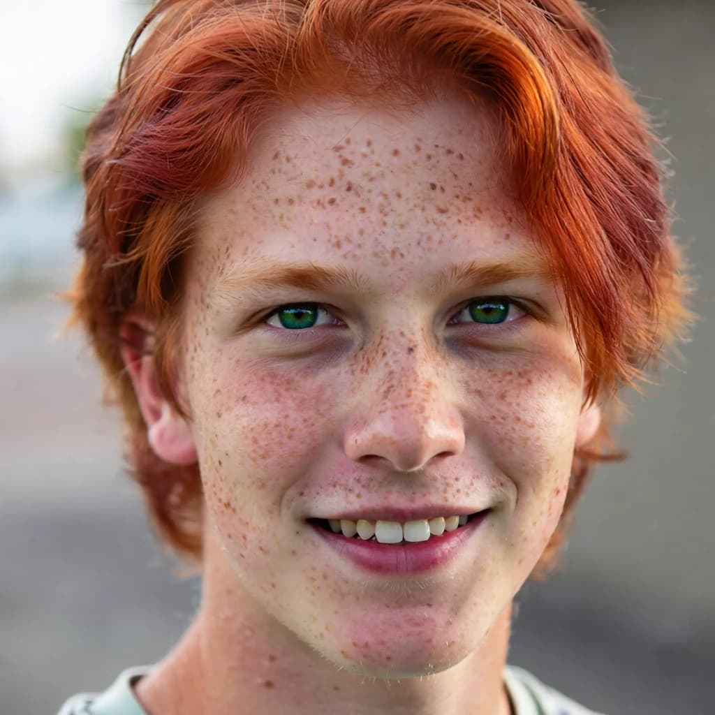 Shoot a natural light headshot of a red-haired man with freckles, green eyes.
