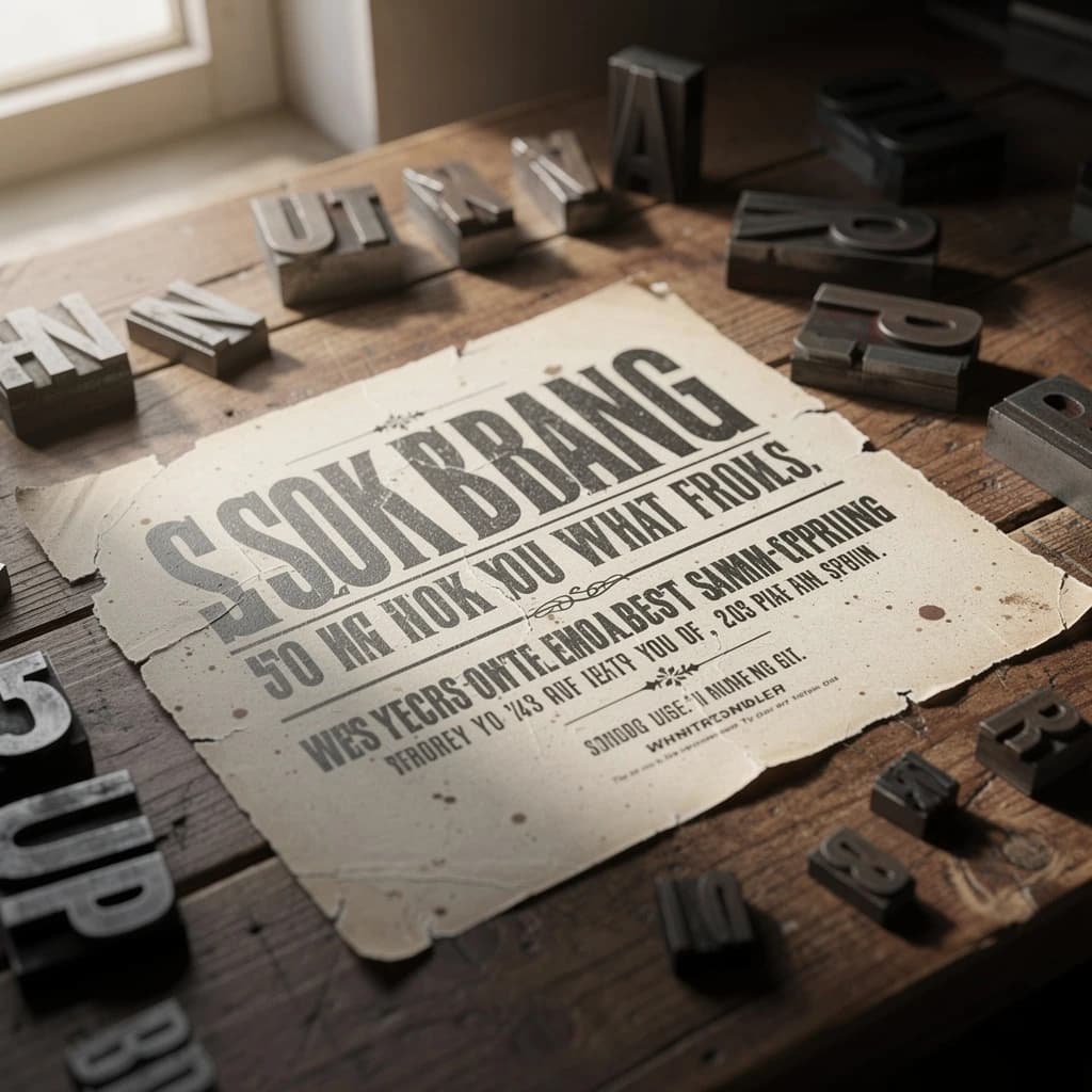 A vintage letterpress poster on a wooden desk: bold slab serif headline, tight kerning, misregistered ink, slightly worn edges, scattered metal type, soft window light.