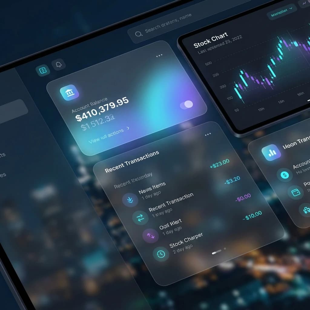 Dark mode banking dashboard with glassmorphism.