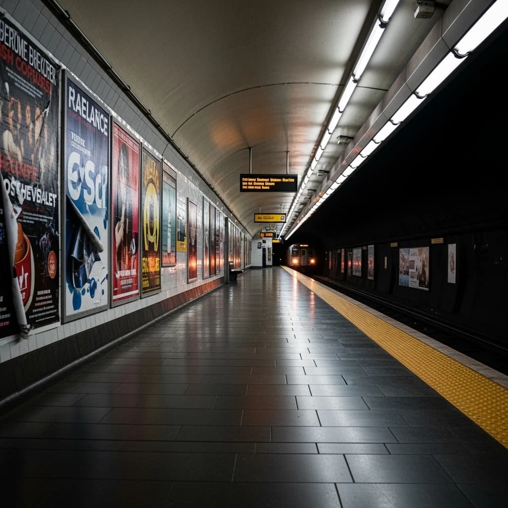 A subterranean subway platform with glossy tiles, peeling posters, flickering fluorescent lights, yellow safety line, and a distant train coming; slightly damp, echoes carry.
