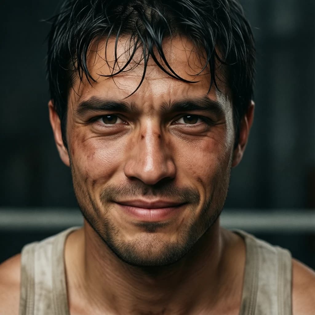 Paint a bruised boxer smiling, serious expression.