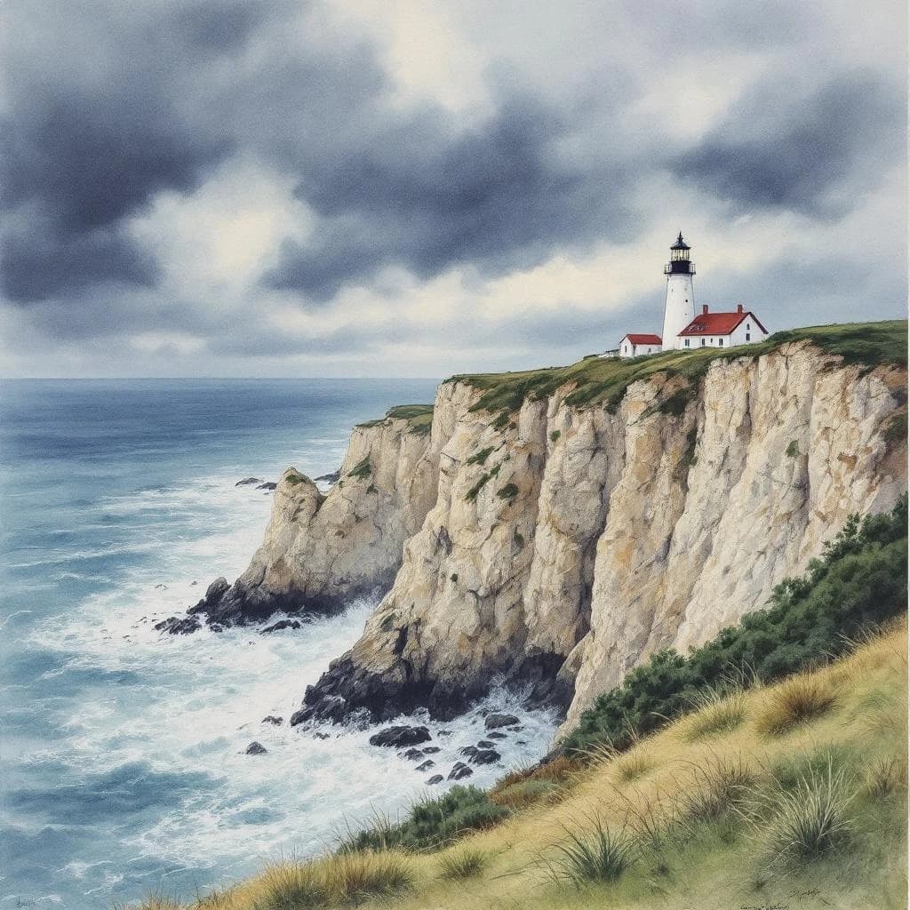 Please paint a watercolor of stormy cliffs and a lighthouse, moody sky.