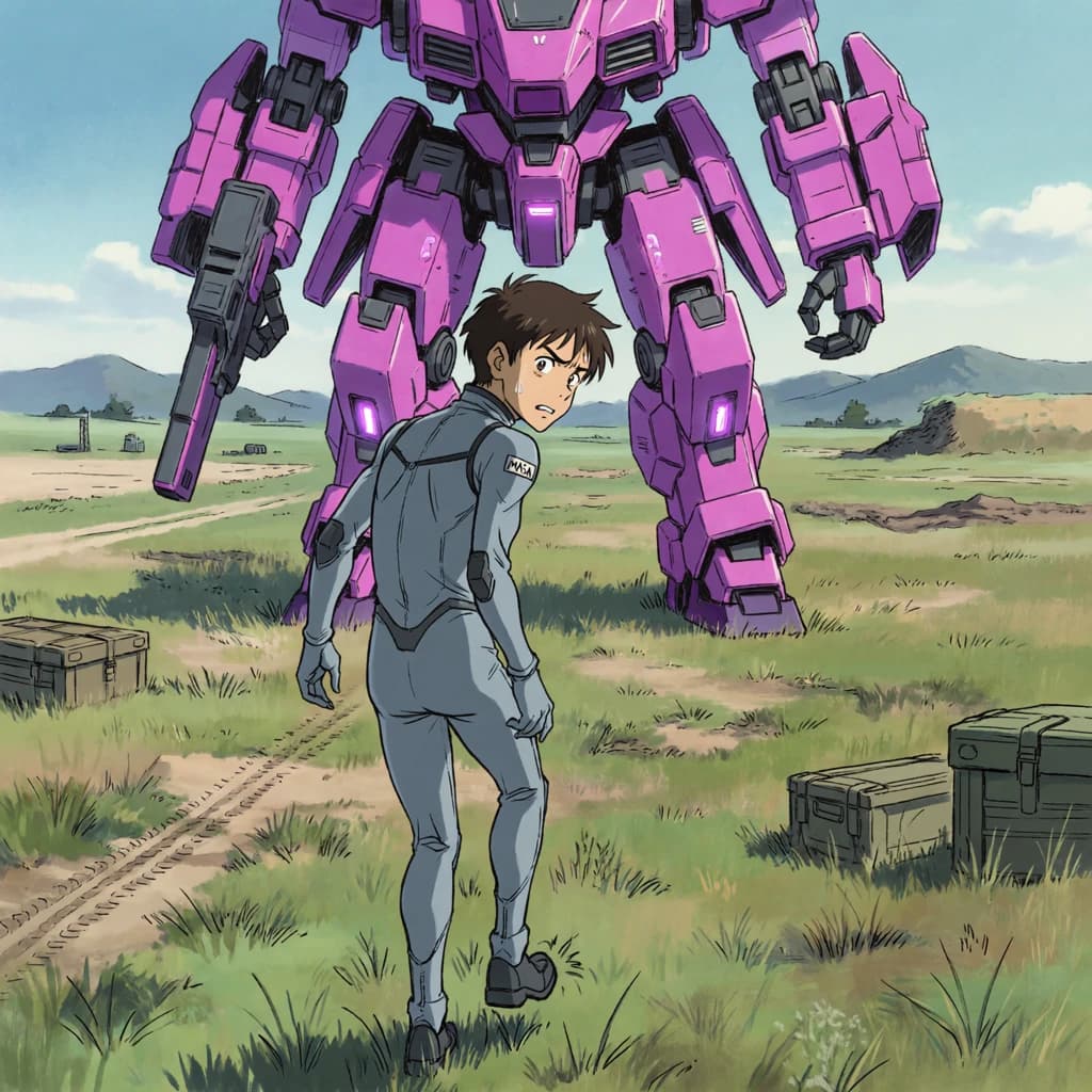 Clad in his body suit up to the neck, young Masa nervously approaches the towering mech with his back facing us. He is nervous for his first time in the field. The mech's bright purple colour scheme contrasts with the grey body suit. The scale of the mech dwarfs Masa. Hand drawn style