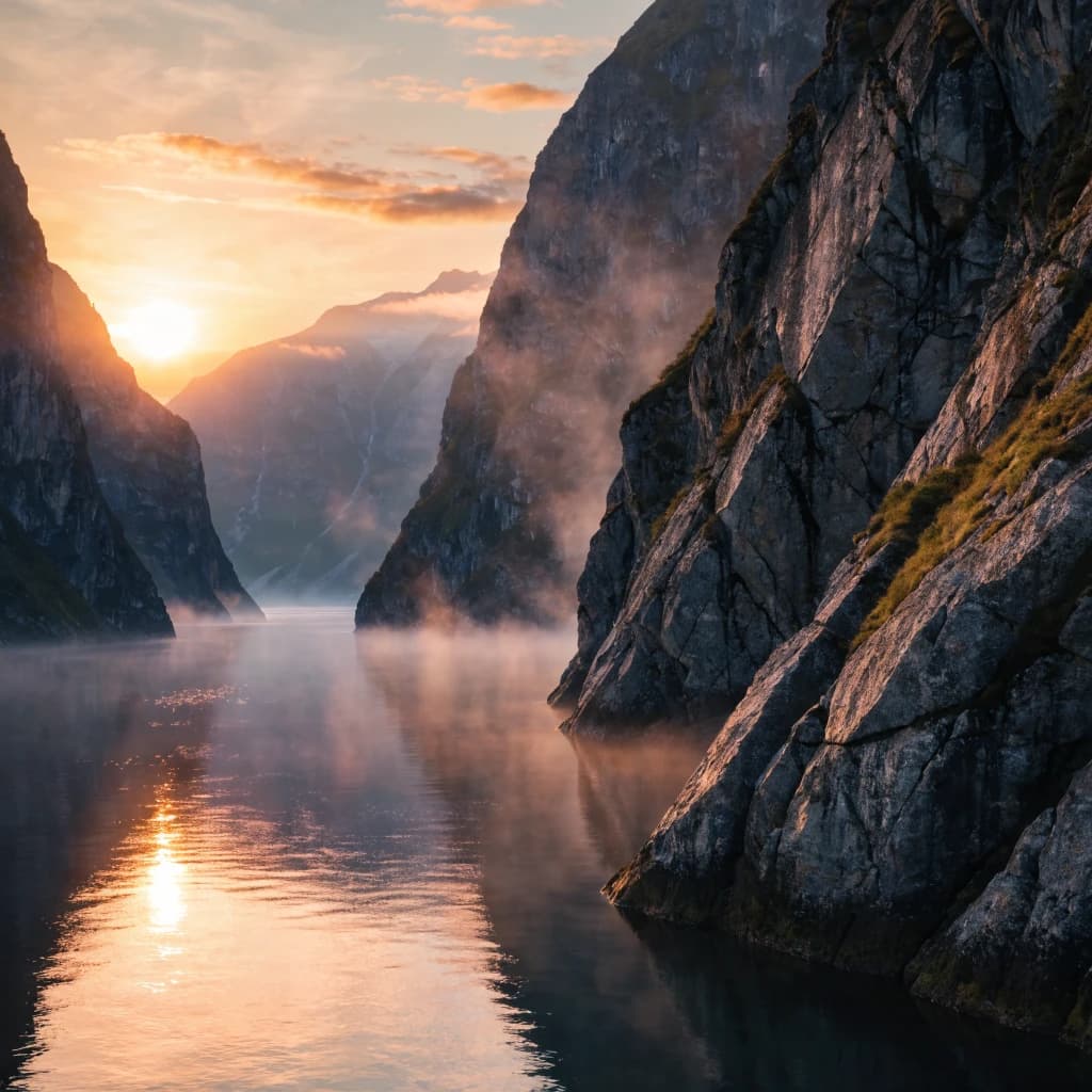 Frame a foggy fjord at sunrise, cliffs looming.