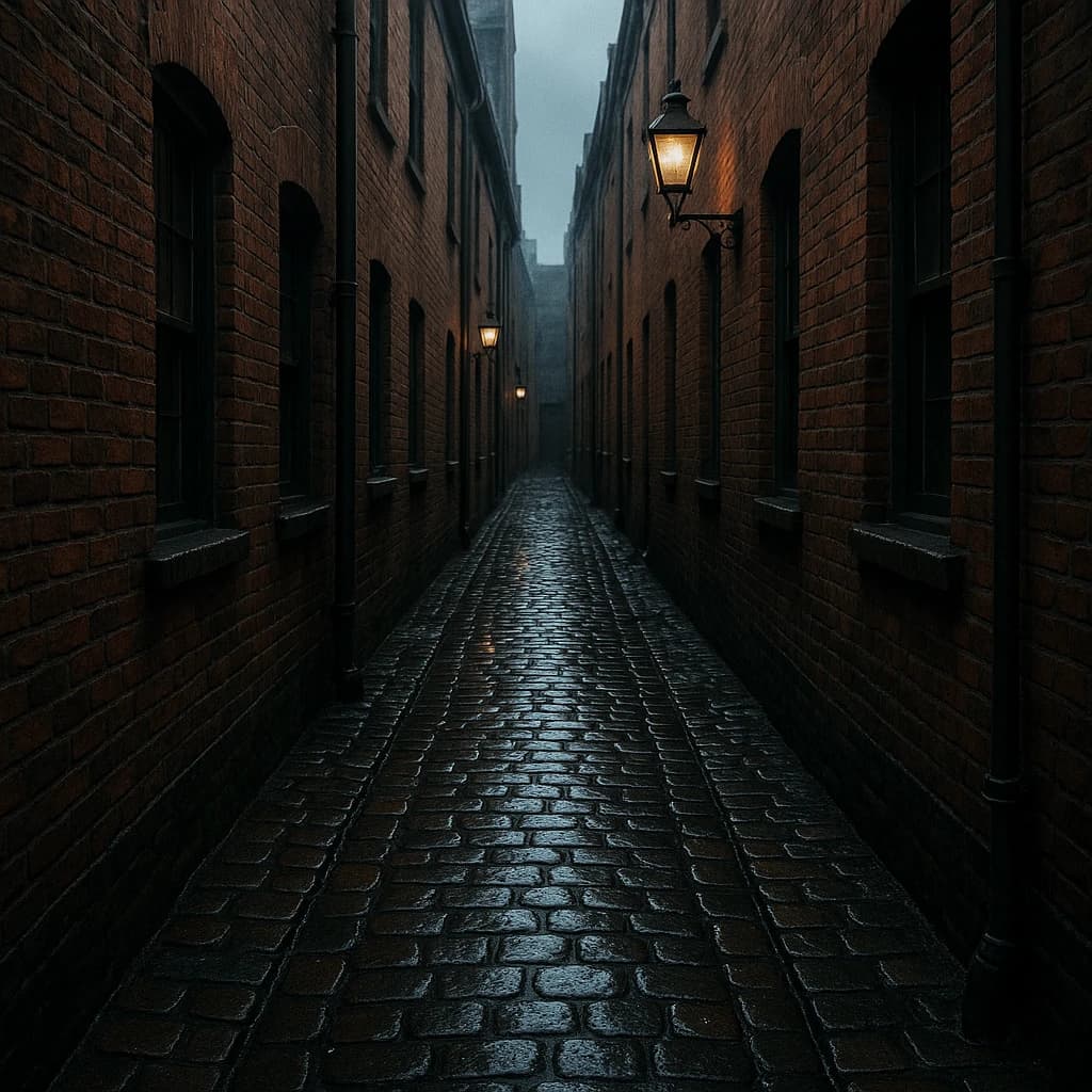 Show a narrow brick alley with wet cobblestones.