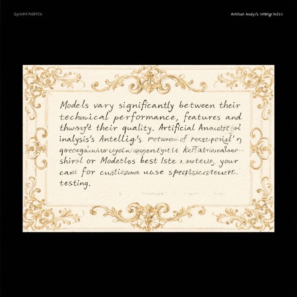 On a flat layout, write in an ornate baroque style "Models vary significantly between their technical performance, features and their quality. Artificial Analysis's intelligence index represents a generalist perspective and is useful as an indicator of the quality of responses. It is generally advisable to develop a short-list of models which best suit your use-case for customized use-case specific testing. "
