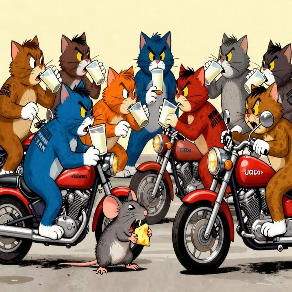 The cartoon rat clenches his thin wedge of cheese and trembles in fear as he hides from the menacing Jellicles, the roaming cat motorcycle gang, all wearing their colors with the name on the back. The cats have all drunk far too much milk and are causing a big ruckus! One cat is close to finding the rat