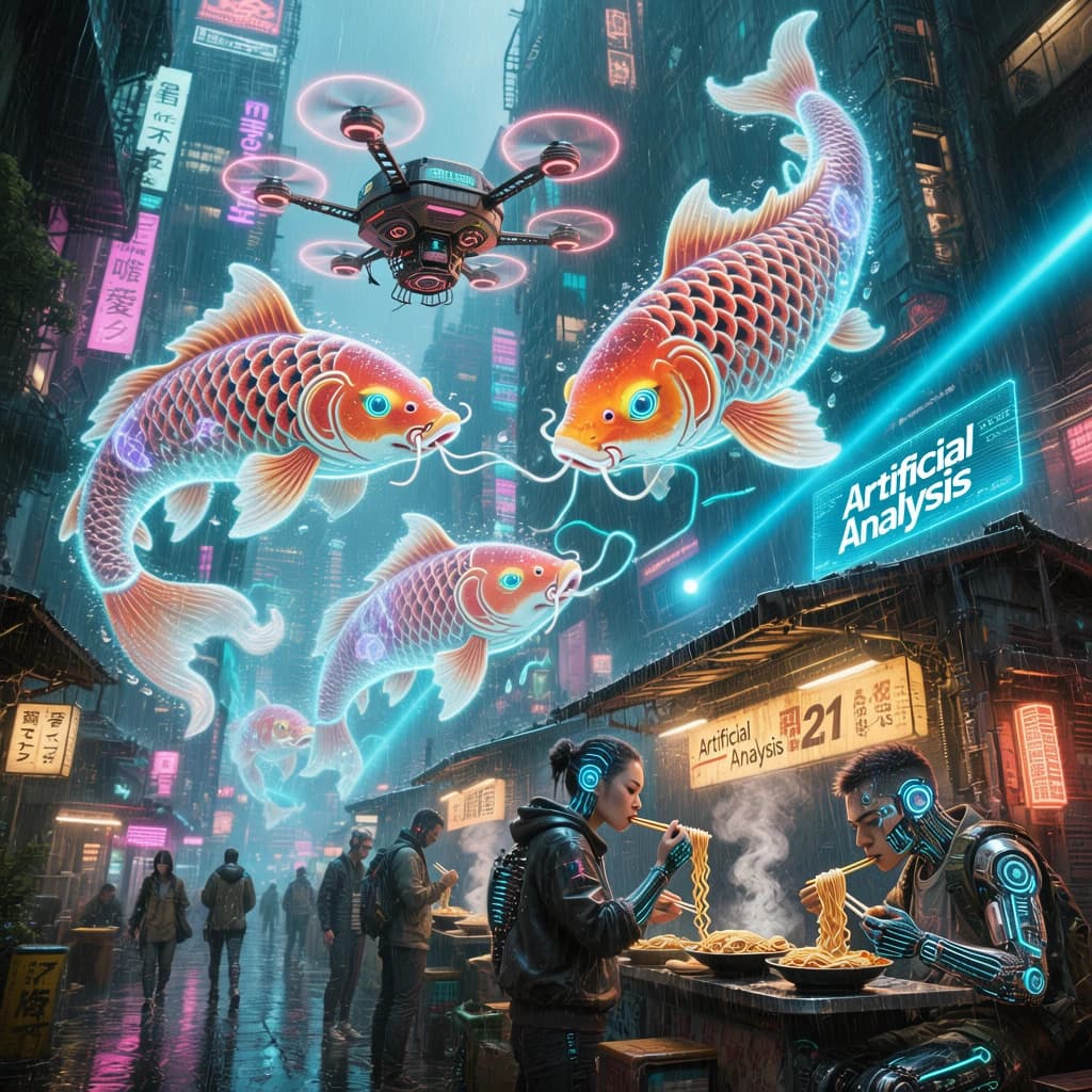 A neon alley in Neo-Tokyo 2142 drips with rain Cybernetic patrons slurp ramen at a stall with their glowing implants humming with blue light. Three giant holographic koi hover 10 metres above the ground and swim across the skyline, one has clipped into a building. A six-prop drone hovers nearby, projecting "Artificial Analysis" onto a wall with blue laser beams visible