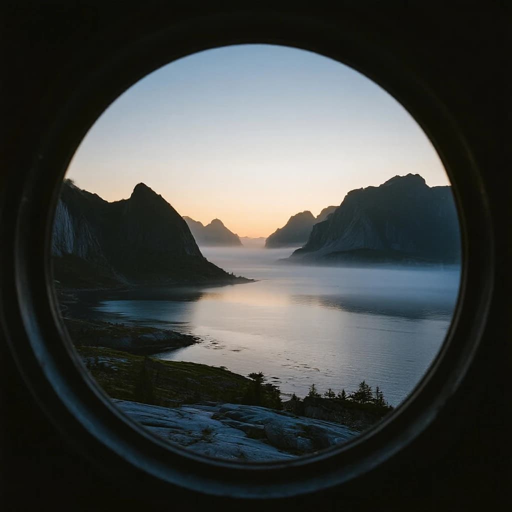 Frame a foggy fjord at sunrise, cliffs looming.